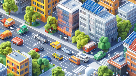 Aerial view of a city street with cars and buildings. 3d renderingの写真素材