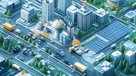 3d illustration of abstract city background with solar panels and buildings.