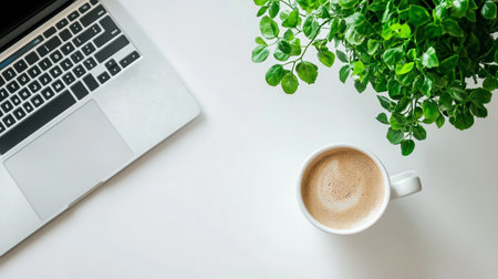 White office desk table with laptop, coffee cup and plant. Top view with copy spaceの写真素材