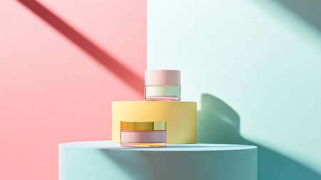 3d render of cosmetic product on podium in pastel colors backgroundの写真素材