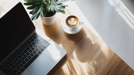 Laptop and coffee cup on wooden table. Top view with copy space