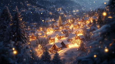 Christmas village in the mountains at night. Christmas landscape with wooden houses.の写真素材