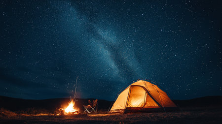 Camping at night with bonfire, tent and starry skyの写真素材