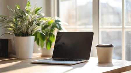 Laptop with blank screen and coffee cup on wooden table in officeの写真素材