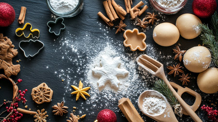 Christmas baking background. Ingredients and kitchen utensils on black backgroundの写真素材