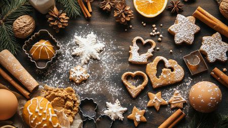 Christmas gingerbread cookies and spices on a wooden background, top viewの写真素材