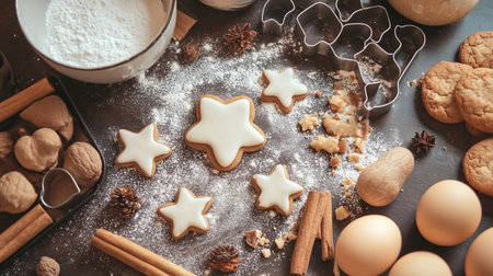 Christmas baking background with gingerbread cookies, cookie cutters, spices and ingredientsの写真素材