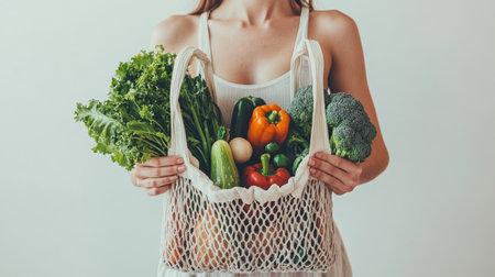 Young woman holding grocery shopping bag with vegetables. Grocery store.