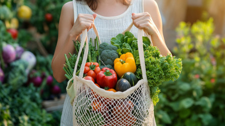 Cropped image of young woman holding shopping bag full of fresh vegetablesの写真素材