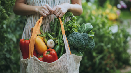 Woman holding reusable shopping bag full of fresh organic vegetables in the garden