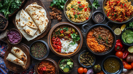 Traditional mexican food on rustic wooden background, top viewの写真素材