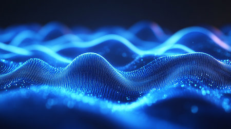 3d rendering of abstract blue particles wave flow with depth of field and bokeh light effects....