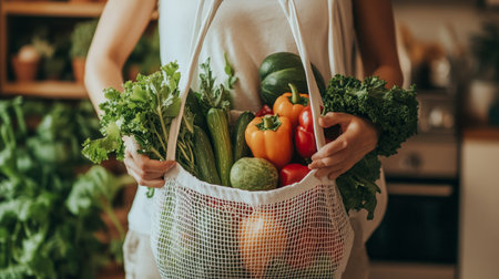 Young woman holding grocery shopping bag with fresh vegetables in the kitchen.の写真素材