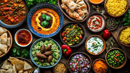 Traditional turkish food in bowls on rustic wooden background.の写真素材