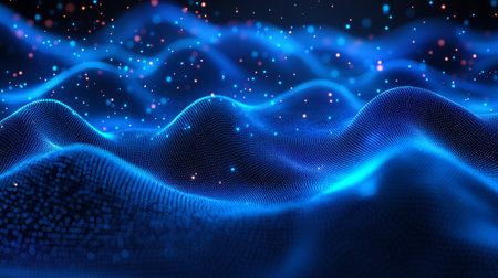 3D rendering of abstract digital landscape with flowing particles. Network connection structure. Big...