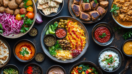 Indian cuisine. Assorted Indian dishes in bowls, top view.の写真素材