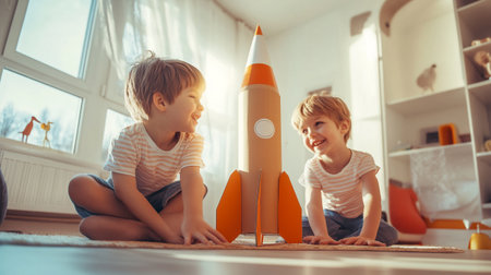 Cute little boy and girl are playing with rocket at home.の写真素材