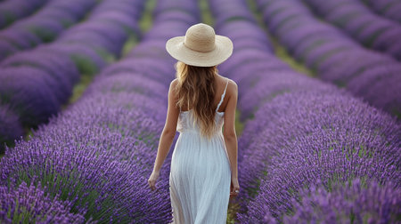 Beautiful woman in lavender field. Provence, Franceの写真素材