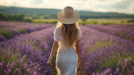 Beautiful woman in white dress and hat walking on lavender fieldの写真素材