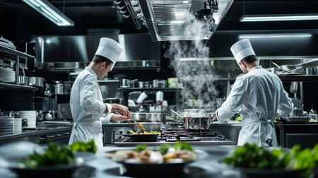 chef in hotel kitchen preparing food, meal with vegetables and meatの写真素材