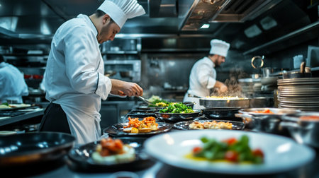 Chef preparing food in the kitchen of a restaurant or hotel, chef cooking foodの写真素材