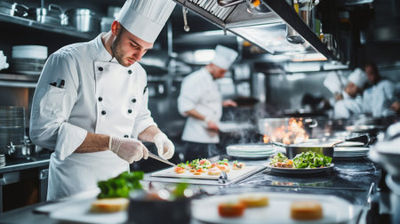 Handsome chef preparing food in the kitchen of a restaurant or hotelの写真素材