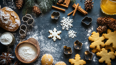 Christmas baking background with gingerbread cookies, spices and cookie cutters