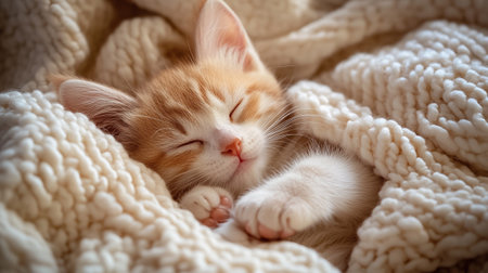 Cute little kitten sleeping on warm knitted plaid, closeup