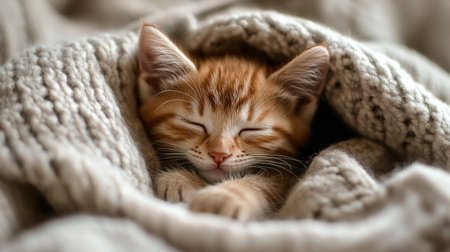 Cute ginger kitten sleeping under warm knitted plaid, closeupの写真素材