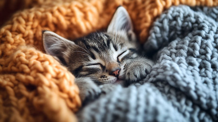 Cute little kitten sleeping on warm knitted plaid, closeup