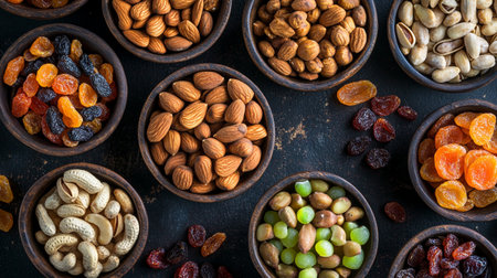 Top view of different types of nuts in wooden bowls on dark background