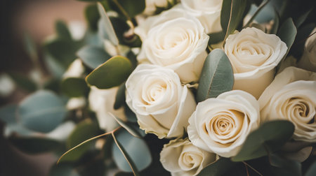 Wedding bouquet of white roses and eucalyptusの写真素材