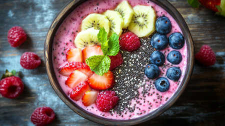 Smoothie bowl with fresh berries and chia seeds, selective focusの写真素材
