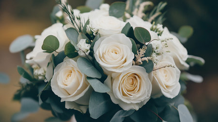 Wedding bouquet of white roses and eucalyptus