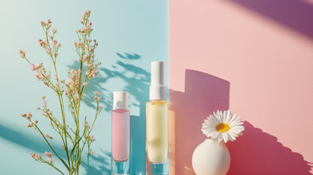 top view of bottles with serum and chamomile flowers on blue and pink background