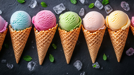 Colorful ice cream scoops in waffle cones on black stone backgroundの写真素材