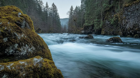 Long exposure of a river flowing through a forest with mossy rocks