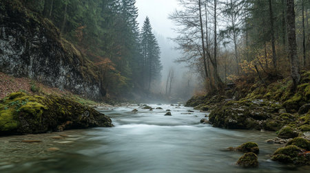 Beautiful landscape with river and foggy forest in Carpathian mountainsの写真素材