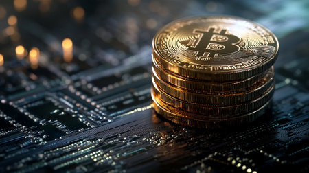 Golden bitcoin coins on circuit board. Cryptocurrency mining concept.