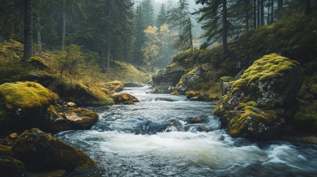 Mountain river in the autumn forest. Beautiful landscape with a fast mountain river