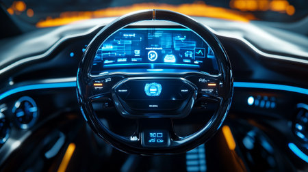 Modern car interior. Steering wheel and dashboard. 3d rendering