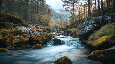 Long exposure of a mountain stream flowing through a forest in the mountainsの写真素材