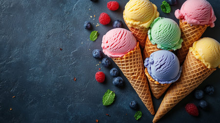 Ice cream scoops in waffle cones with berries and mint on dark blue background