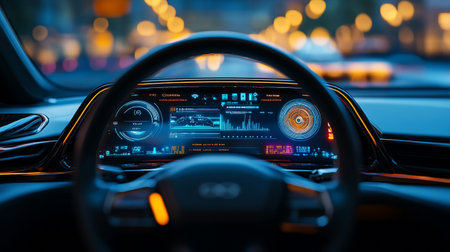 View from the inside of a car with a dashboard and a speedometerの写真素材