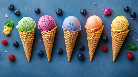 Colorful ice cream in waffle cones with berries on blue background