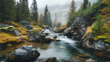 Mountain stream in the autumn forest. Dramatic overcast scene.
