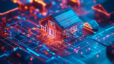 3d illustration of a small house with solar panels on the motherboardの写真素材