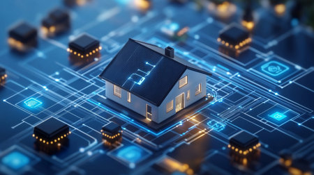 3D illustration of a small house on a circuit board with microchips
