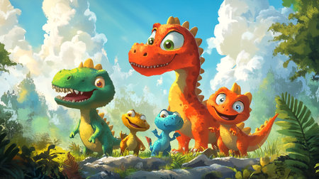 cartoon scene with happy dinosaurs family in the forest - illustration for childrenの写真素材