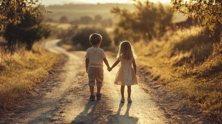 Cute little boy and girl holding hands and walking on the road at sunsetの写真素材